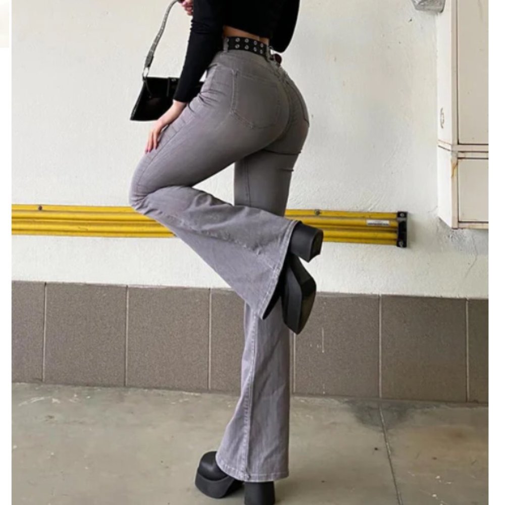 fashion nova - she's got flare stretch jeans - grey **GENTLY WORN**